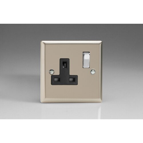 Varilight Classic 1-Gang 13A Double Pole Switched Socket with Metal Rockers Black Satin Chrome/Black Inserts Varilight Classic 1-Gang 13A Double Pole Switched Socket with Metal Rockers Black Satin Chrome/Black Inserts