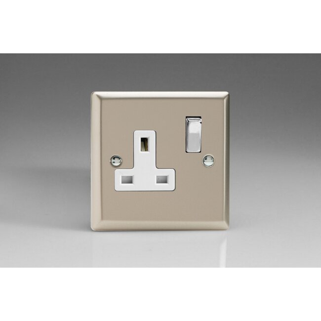 Varilight Classic 1-Gang 13A Double Pole Switched Socket with Metal Rockers White Satin Chrome/White Inserts