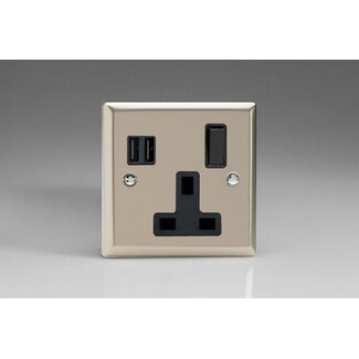 Varilight Classic 1-Gang 13A Single Pole Switched Socket + 2x5V DC 3400mA USB Charging Ports  Black Satin Black Inserts