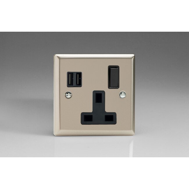 Varilight Classic 1-Gang 13A Single Pole Switched Socket + 2x5V DC 3400mA USB Charging Ports  Black Satin Black Inserts