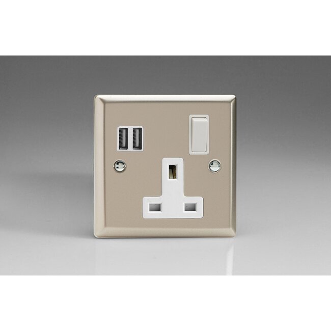 Varilight Classic 1-Gang 13A Single Pole Switched Socket + 2x5V DC 3400mA USB Charging Ports  White Satin White Inserts