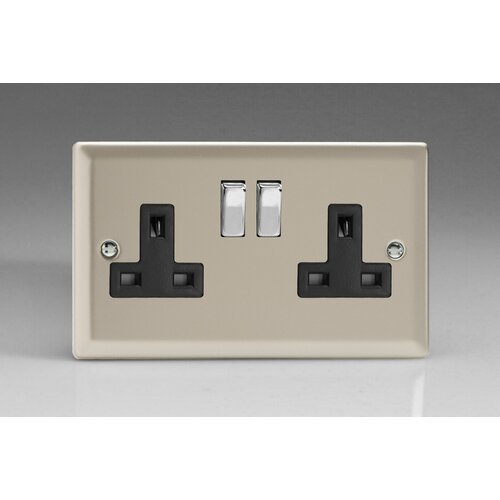 Varilight Classic 2-Gang 13A Double Pole Switched Socket with Metal Rockers Black Satin Chrome/Black Inserts Varilight Classic 2-Gang 13A Double Pole Switched Socket with Metal Rockers Black Satin Chrome/Black Inserts
