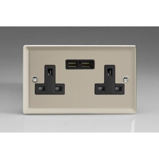 Varilight Classic 2-Gang 13A Unswitched Socket + 2x5V DC 2100mA USB Charging Ports Black Satin Black Inserts