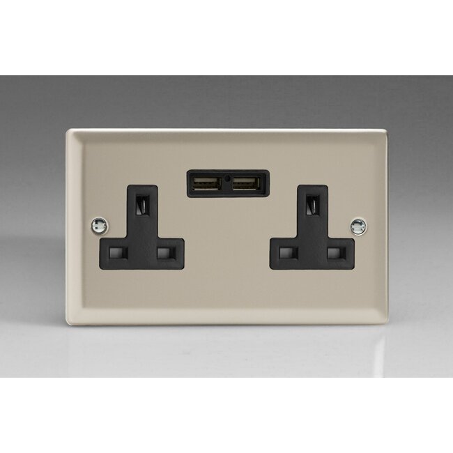 Varilight Classic 2-Gang 13A Unswitched Socket + 2x5V DC 2100mA USB Charging Ports Black Satin Black Inserts