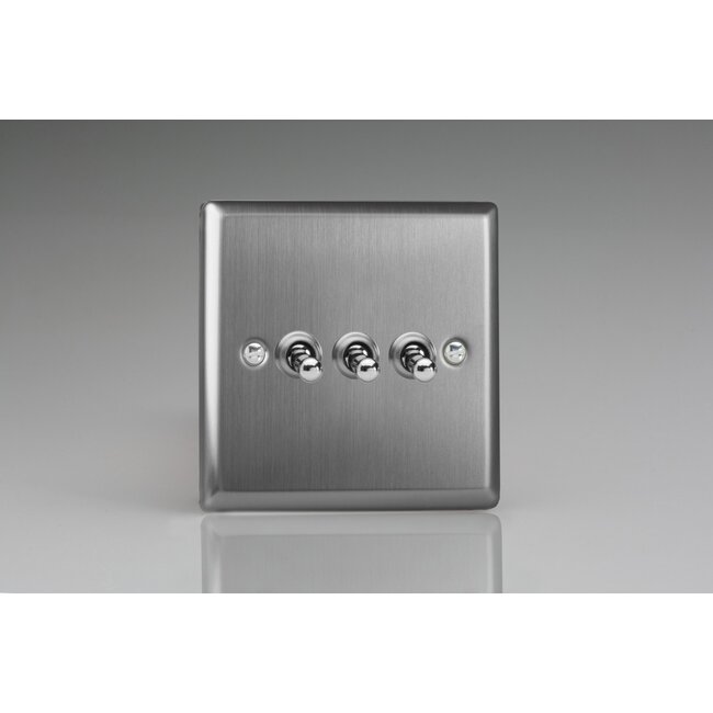 Varilight Classic 3-Gang 10A 1- or 2-Way Toggle Switch Decorative Brushed Steel Steel Toggles