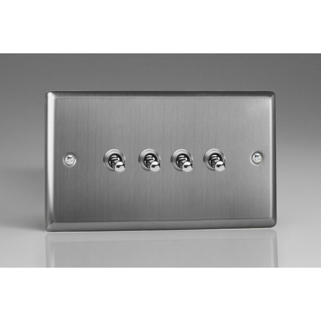 Varilight Classic 4-Gang 10A 1- or 2-Way Toggle Switch (Twin Plate) Decorative Brushed Steel Steel Toggles