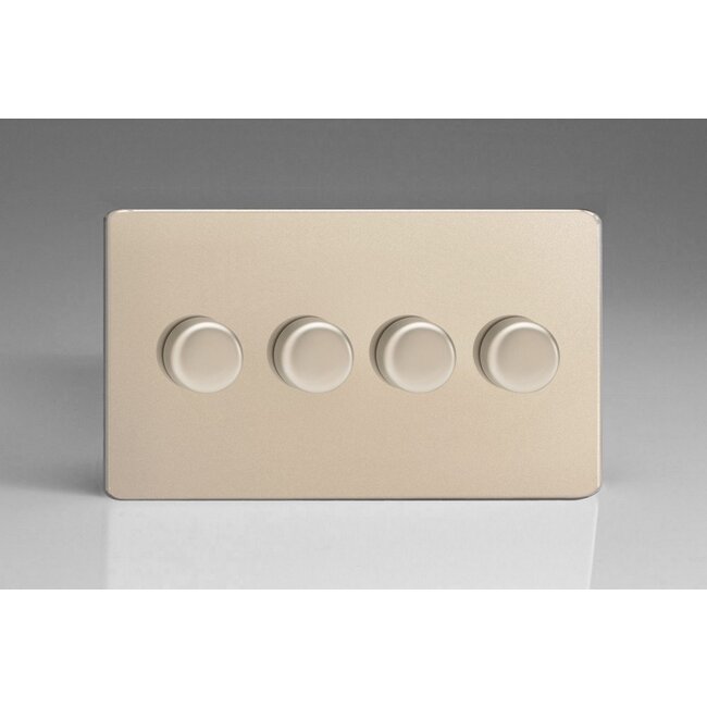 Varilight Screwless 4-Gang 2-Way Push-On/Off Rotary LED Dimmer 4 x 0-120W (1-10 LEDs) (Twin Plate) V-Pro Satin Satin Chrome Knobs