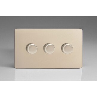 Varilight Screwless 3-Gang 2-Way Push-On/Off Rotary LED Dimmer 3 x 0-120W (1-10 LEDs) (Twin Plate) V-Pro Satin Satin Chrome Knobs