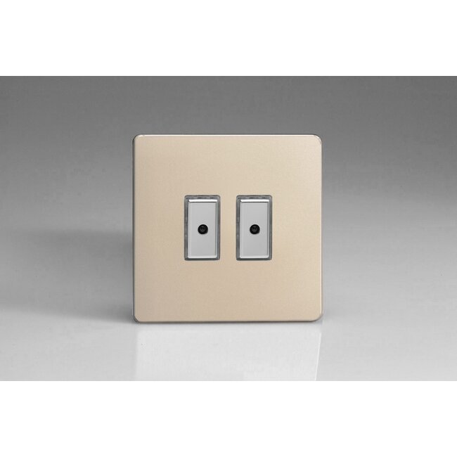 Varilight Screwless 2-Gang 1-Way V-Pro Multi-Point Remote/Tactile Touch Control Master LED Dimmer 2 x 0-100W (1-10 LEDs) V-Pro Multi-Point Remote (formerly Eclique2) Satin Chrome Buttons