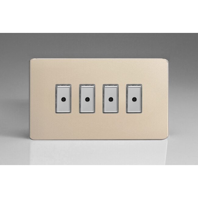 Varilight Screwless 4-Gang 1-Way V-Pro Multi-Point Remote/Tactile Touch Control Master LED Dimmer 4 x 0-100W (1-10 LEDs) (Twin Plate) V-Pro Multi-Point Remote (formerly Eclique2) Satin Chrome Buttons