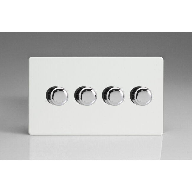 Varilight Screwless 4-Gang 2-Way Push-On/Off Rotary LED Dimmer 4 x 0-120W (1-10 LEDs) (Twin Plate) V-Pro Premium White Chrome Knobs