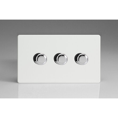 Varilight Screwless 3-Gang 2-Way Push-On/Off Rotary LED Dimmer 3 x 0-120W (1-10 LEDs) (Twin Plate) V-Pro Premium White Chrome Knobs Varilight Screwless 3-Gang 2-Way Push-On/Off Rotary LED Dimmer 3 x 0-120W (1-10 LEDs) (Twin Plate) V-Pro Premium White Chrome Knobs