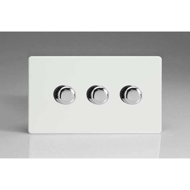 Varilight Screwless 3-Gang 2-Way Push-On/Off Rotary LED Dimmer 3 x 0-120W (1-10 LEDs) (Twin Plate) V-Pro Premium White Chrome Knobs