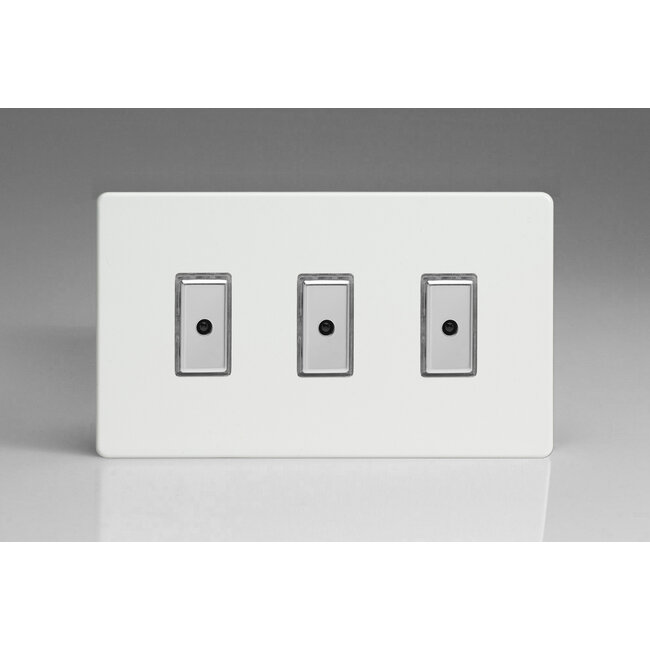 Varilight Screwless 3-Gang 1-Way V-Pro Multi-Point Remote/Tactile Touch Control Master LED Dimmer 3 x 0-100W (1-10 LEDs) (Twin Plate) V-Pro Multi-Point Remote (formerly Eclique2) Premium White Chrome Buttons