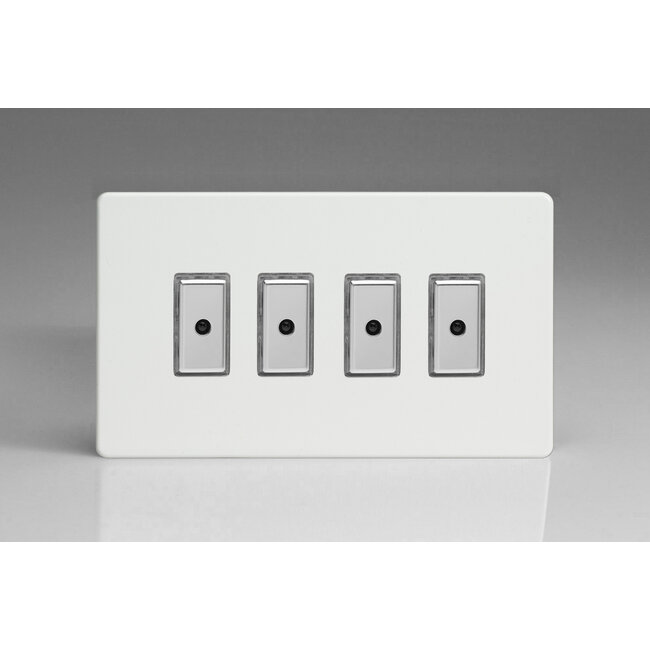 Varilight Screwless 4-Gang 1-Way V-Pro Multi-Point Remote/Tactile Touch Control Master LED Dimmer 4 x 0-100W (1-10 LEDs) (Twin Plate) V-Pro Multi-Point Remote (formerly Eclique2) Premium White Chrome Buttons