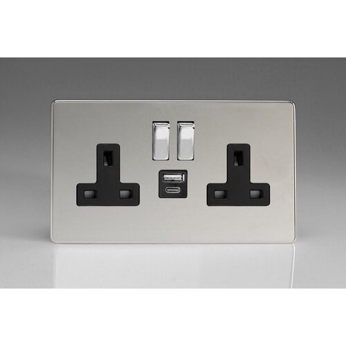 Varilight Screwless 2-Gang 13A Single Pole Switched Socket with 1x USB A & 1x USB C Charging Ports Black Polished Chrome Chrome Rocker Varilight Screwless 2-Gang 13A Single Pole Switched Socket with 1x USB A & 1x USB C Charging Ports Black Polished Chrome Chrome Rocker