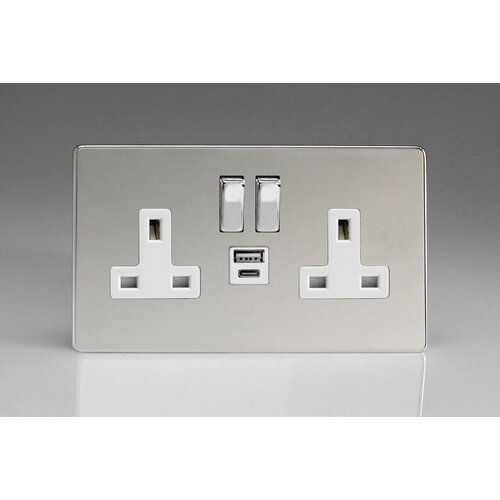Varilight Screwless 2-Gang 13A Single Pole Switched Socket with 1x USB A & 1x USB C Charging Ports White Polished Chrome Chrome Rocker Varilight Screwless 2-Gang 13A Single Pole Switched Socket with 1x USB A & 1x USB C Charging Ports White Polished Chrome Chrome Rocker