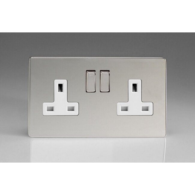Varilight Screwless 2-Gang 13A Double Pole Switched Socket with Metal Rockers White Polished Chrome Chrome/White Inserts