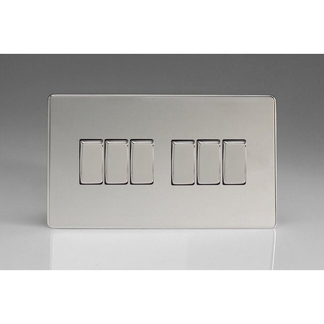 Varilight Screwless 6-Gang 10A 1- or 2-Way Rocker Switch (Twin Plate) Decorative Polished Chrome Chrome Rockers