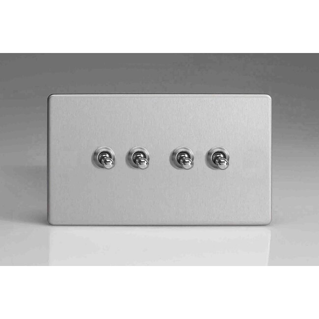 Varilight Screwless 4-Gang 10A 1- or 2-Way Toggle Switch (Twin Plate) Decorative Brushed Steel Chrome Toggles