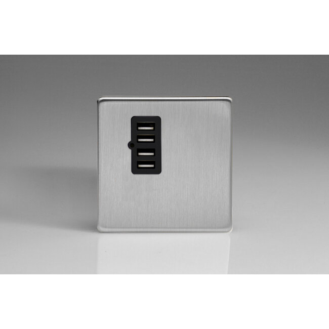 Varilight Screwless 4 Gang 5V DC 4800mA USB Charging Port (Single Plate) Black Brushed Steel Black Insert