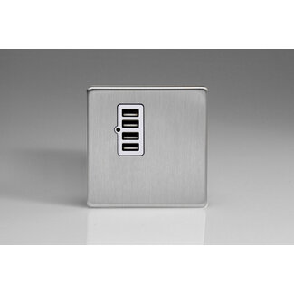 Varilight Screwless 4 Gang 5V DC 4800mA USB Charging Port (Single Plate) White Brushed Steel White Insert