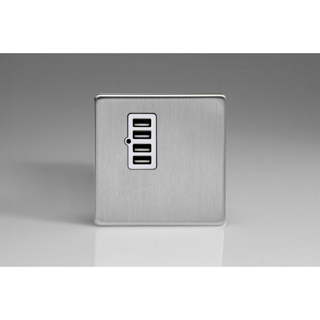 Varilight Screwless 4 Gang 5V DC 4800mA USB Charging Port (Single Plate) White Brushed Steel White Insert