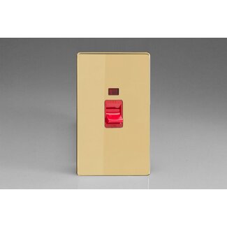 Varilight Screwless 45A Cooker Switch + Neon (Vertical Twin Plate, Red Rocker) Red Polished Brass Red Insert