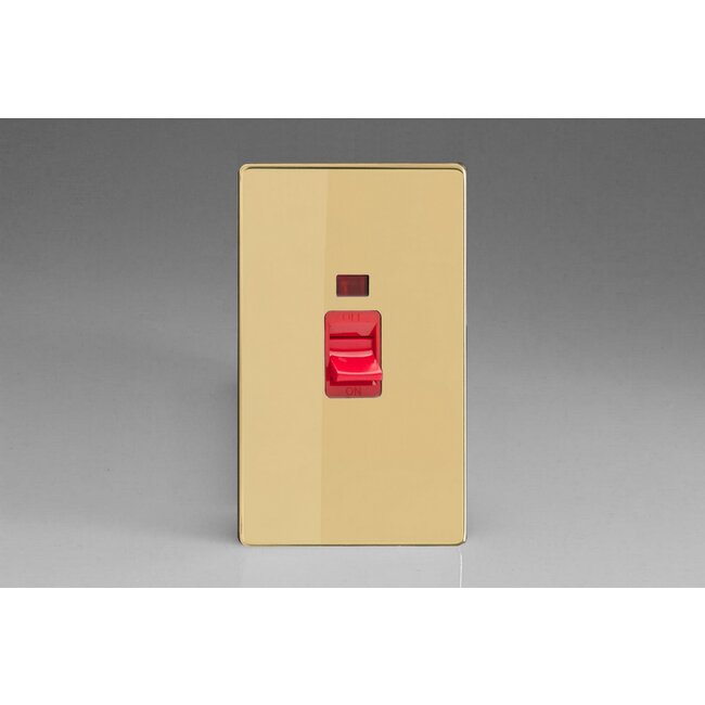 Varilight Screwless 45A Cooker Switch + Neon (Vertical Twin Plate, Red Rocker) Red Polished Brass Red Insert