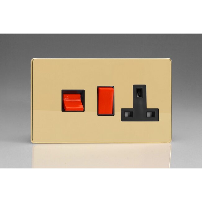 Varilight Screwless 45A Cooker Panel with 13A Double Pole Switched Socket Outlet (Red Rocker) Black Polished Brass Black/Red Inserts