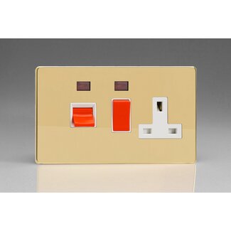 Varilight Screwless 45A Cooker Panel + Neon with 13A Double Pole Switched Socket Outlet (Red Rocker) White Polished Brass White/Red Inserts