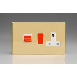 Varilight Screwless 45A Cooker Panel with 13A Double Pole Switched Socket Outlet (Red Rocker) White Polished Brass White/Red Inserts