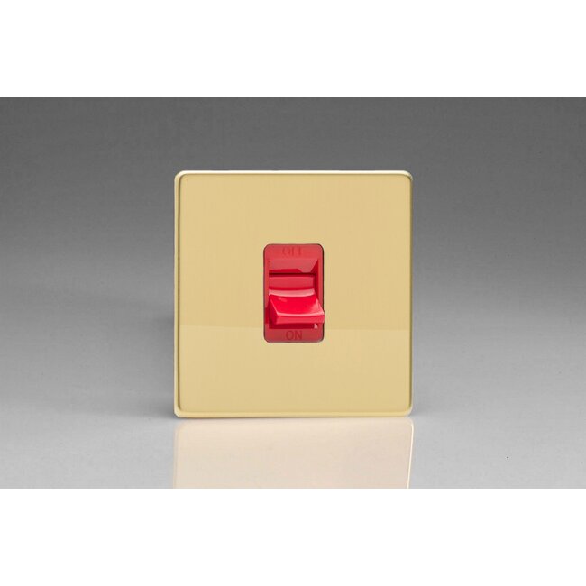 Varilight Screwless 45A Cooker Switch (Single Plate, Red Rocker) Red Polished Brass Red Insert