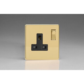 Varilight Screwless 1-Gang 13A Double Pole Switched Socket with Metal Rockers Black Polished Brass Brass/Black Inserts