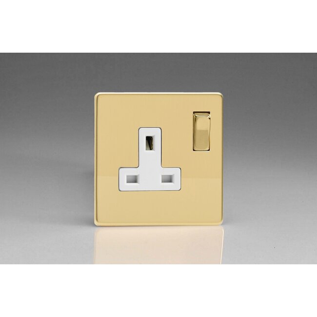 Varilight Screwless 1-Gang 13A Double Pole Switched Socket with Metal Rockers White Polished Brass Brass/White Inserts