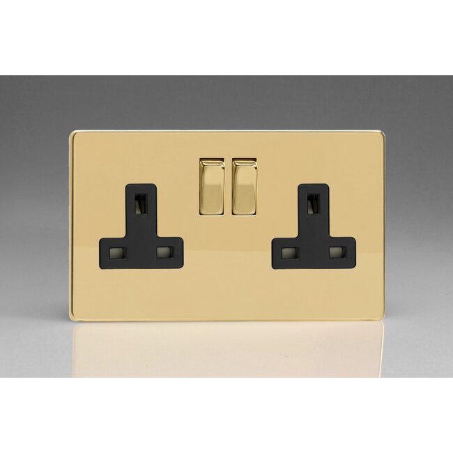 Varilight Screwless 2-Gang 13A Double Pole Switched Socket with Metal Rockers Black Polished Brass Brass/Black Inserts