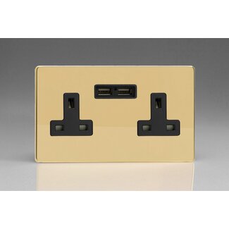 Varilight Screwless 2-Gang 13A Unswitched Socket + 2x5V DC 2100mA USB Charging Ports Black Polished Brass Black Inserts