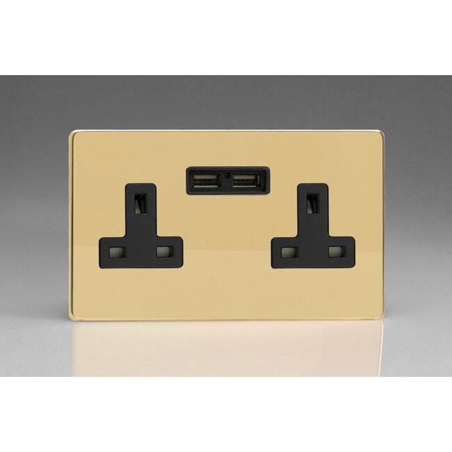 Varilight Screwless 2-Gang 13A Unswitched Socket + 2x5V DC 2100mA USB Charging Ports Black Polished Brass Black Inserts