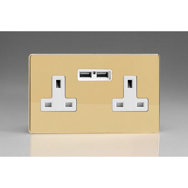 Varilight Screwless 2-Gang 13A Unswitched Socket + 2x5V DC 2100mA USB Charging Ports White Polished Brass White Inserts