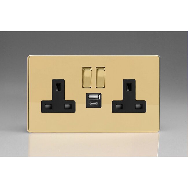 Varilight Screwless 2-Gang 13A Single Pole Switched Socket with 1x USB A & 1x USB C Charging Ports Black Polished Brass Brass Rocker