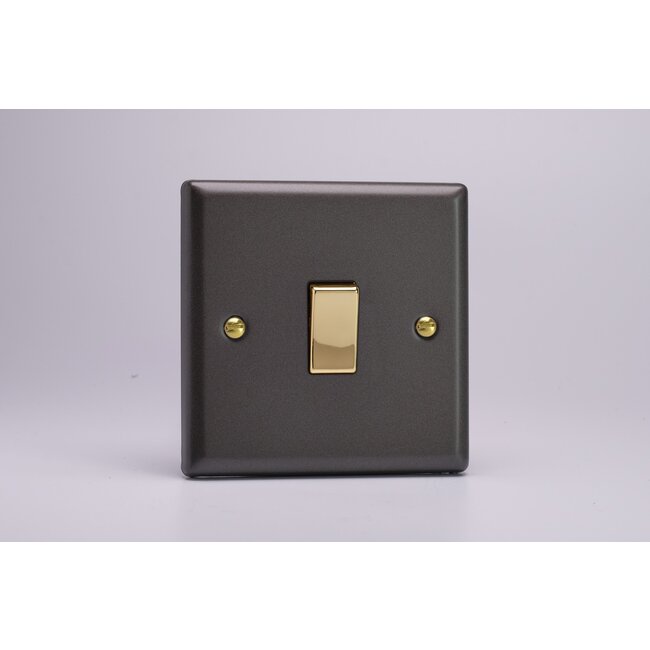 Varilight Vogue 1-Gang 10A Intermediate Rocker Switch with Metal Rockers Brass Slate Brass