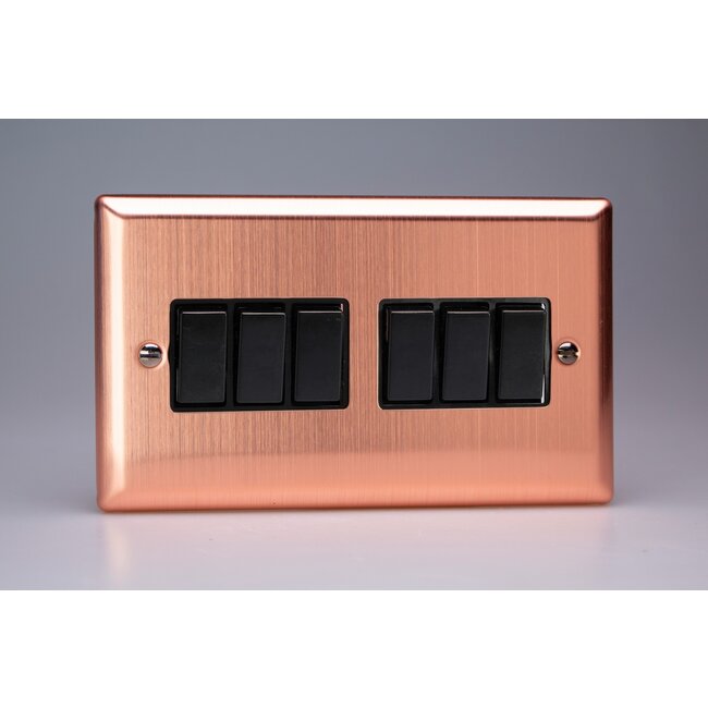 Varilight Urban 6-Gang 10A 1- or 2-Way Rocker Switch (Twin Plate) Black Brushed Copper Black