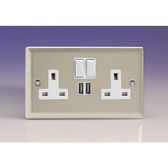 Varilight Classic 2-Gang 13A Single Pole Switched Socket + 2x5V DC 2100mA USB Charging Ports  White Satin White Inserts