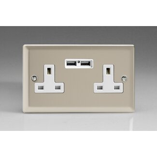 Varilight Classic 2-Gang 13A Unswitched Socket + 2x5V DC 2100mA USB Charging Ports White Satin White Inserts