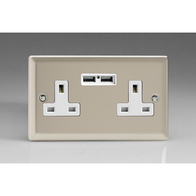 Varilight Classic 2-Gang 13A Unswitched Socket + 2x5V DC 2100mA USB Charging Ports White Satin White Inserts