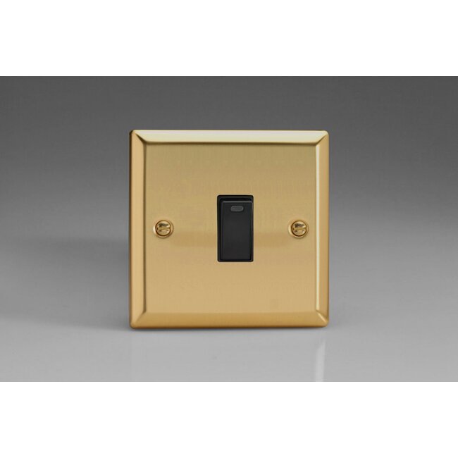 Varilight Classic 1-Gang 20A Double Pole Rocker Switch + Neon Indicator Light Black Victorian Brass Black Rocker