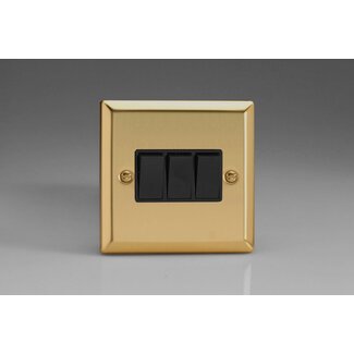 Varilight Classic 3-Gang 10A 1- or 2-Way Rocker Switch Black Victorian Brass Black Rockers