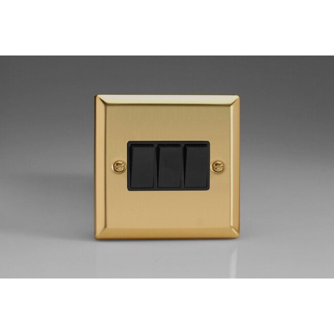 Varilight Classic 3-Gang 10A 1- or 2-Way Rocker Switch Black Victorian Brass Black Rockers