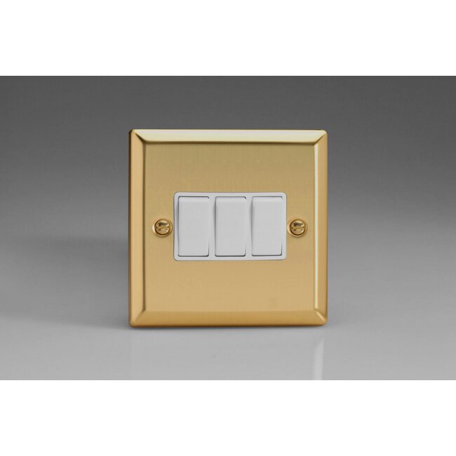 Varilight Classic 3-Gang 10A 1- or 2-Way Rocker Switch White Victorian Brass White Rockers