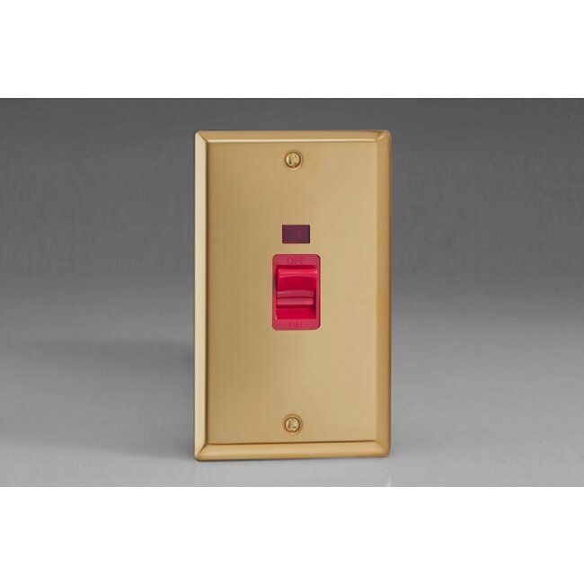 Varilight Classic 45A Cooker Switch + Neon (Vertical Twin Plate, Red Rocker) Red Victorian Brass Red Insert